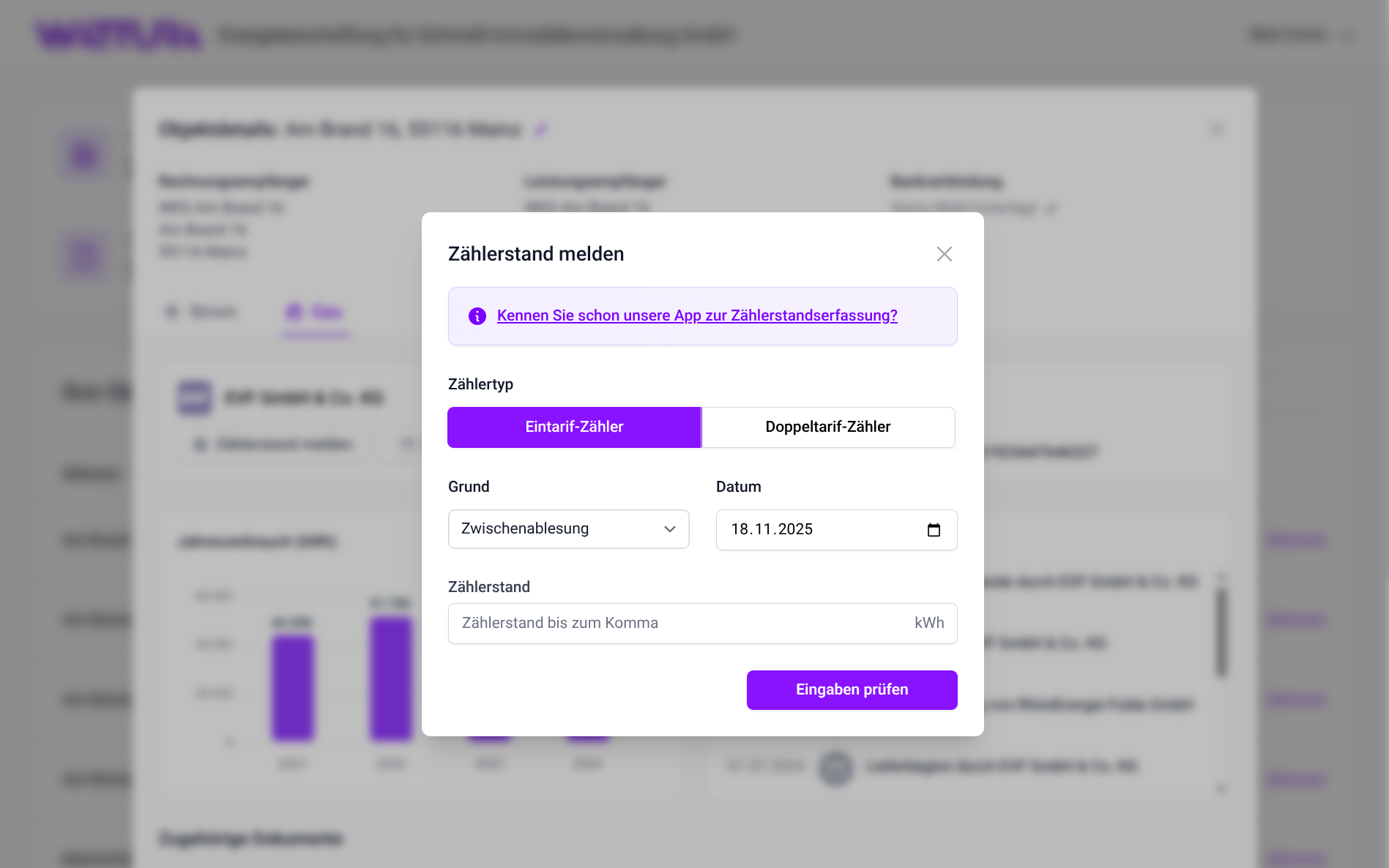 WATTURA Dashboard - Zählerstand&shy;erfassung